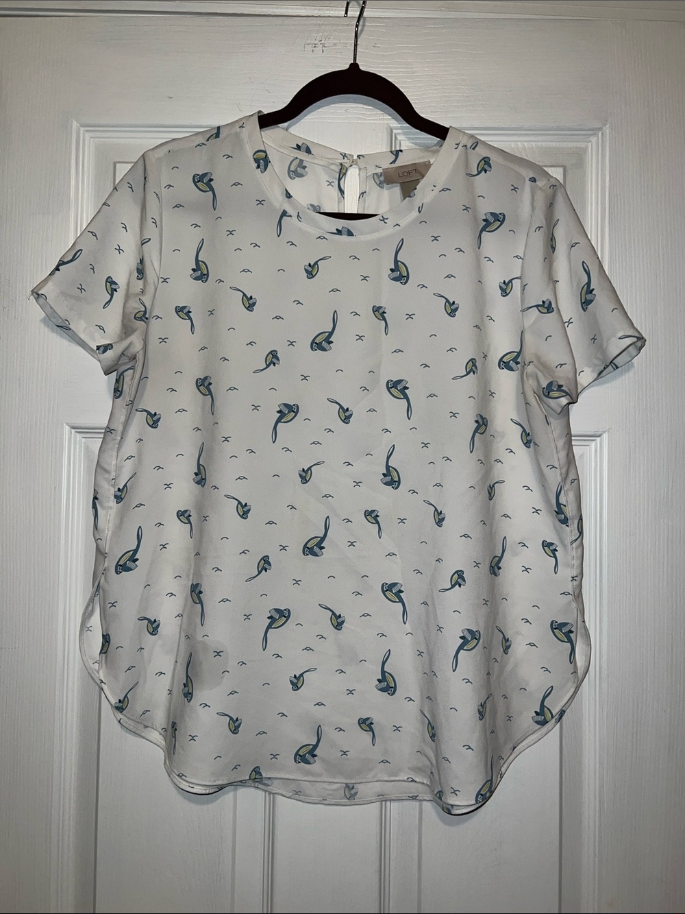 LOFT White Blouse with Teal Parrot Print